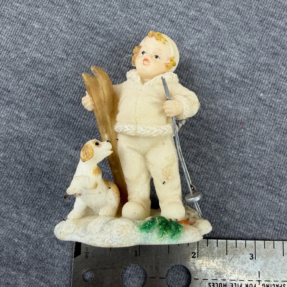 Mistletoes Figurine Boy Dog Skis Winter Christmas Ornament 1997 Roman‎ Inc
